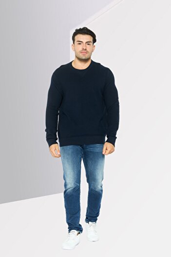 Michael Kors Men Crew Neck Textured Long Sleeves Sweater, Navy