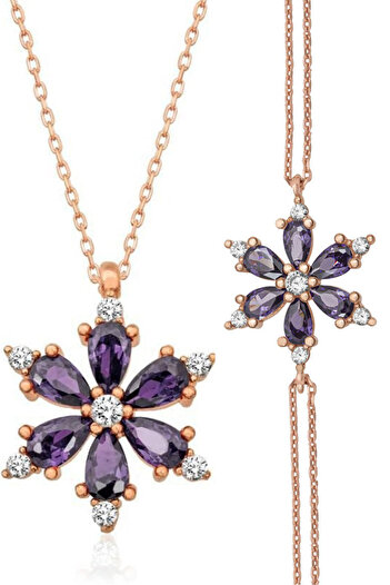 Takı Dükkanı Lotus Flower Purple Stone Women Necklace and Bracelet Set Bbb22S