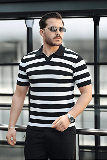 Valiberta Premium Side Striped Viscose Polo Neck Knitwear Men's T-Shirt - Black