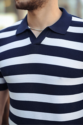 Valiberta Premium Side Striped Viscose Polo Neck Knitwear Men's T-Shirt - Navy Blue