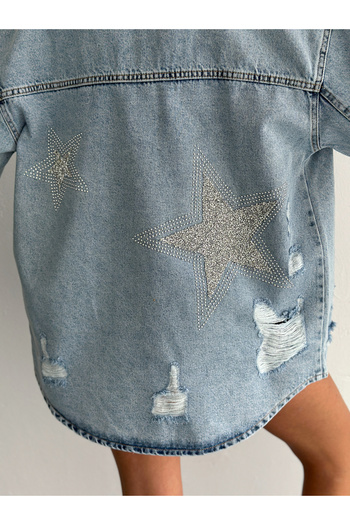 efstyle Oversize Denim Jacket with Stones and Shiny Star Pattern