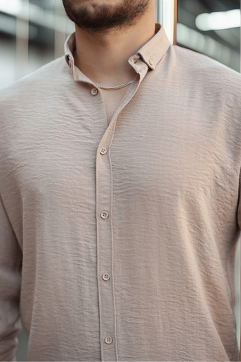 Valiberta Pera Fabric Linen Look Half Oversize Long Sleeve Men's Shirt - Beige