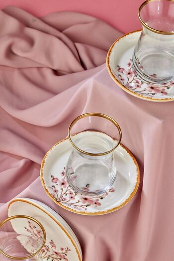 Babion Bahar Esintisi Sakura Desenli Seramik 12 Parça Gold Çay Bardağı Seti, Çay Takımı