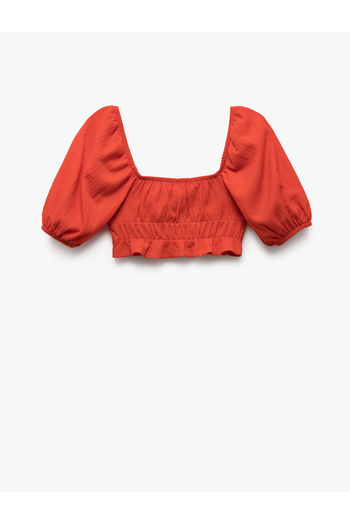 Koton Square Neck Gipe Detailed Balloon Sleeve Crop Blouse