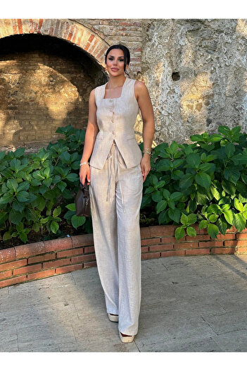 pembekurdelem Women's Linen Vest - Trousers Suit Stone (Ruh-Haik)