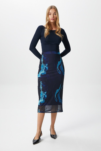 Ritnice Women's Dania Lined Elastic Waist Chiffon Blue Midi Pencil Skirt