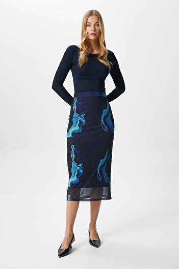 Ritnice Women's Dania Lined Elastic Waist Chiffon Blue Midi Pencil Skirt