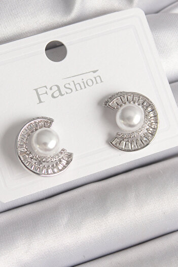 Skygo Brass Silver Color Zircon Stone Snail Model Pearl Detail Women's Earrings - Tj-Bkp9785