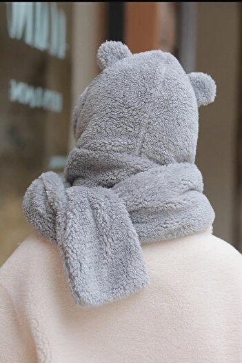 Bundera Kapüşonlu Peluş Bere Atkı Kadın Welsoft Polar Boyunluk Şalı Rüzgar Geçirmez Kulaklı Şapka