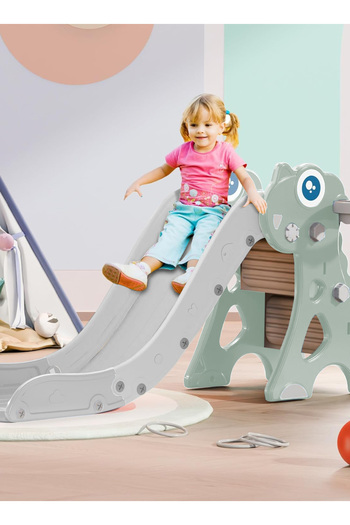 Ma Baby Kids Slide with Basketball Hoop & Ring Toss, Foldable Baby Plastic Slide,