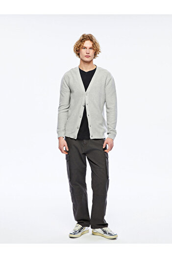 LC Waikiki Gray Standard Mold V-Neck Men's Knitwear Cardigan