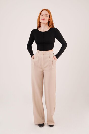 velmorafashion eyesof Πλισέ Μπεζ παντελόνι με φαρδύ πόδι