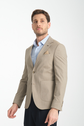 Frappoli Ateca Men's Mink Thin Striped Slim Fit Mono Collar Half Lining Sports Blazer Jacket