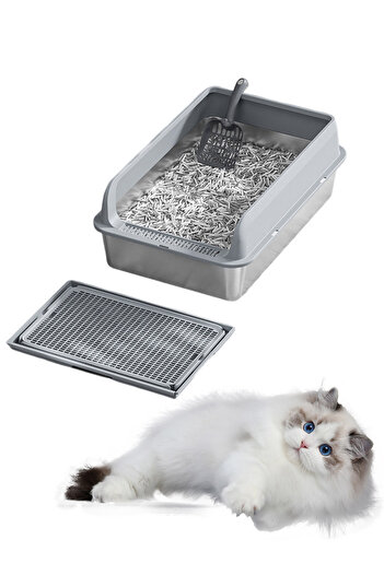 KidLe Stainless Steel Cat Litter Box Cat Litter Tray Metal Litter Pan Tray with High Wall Sides