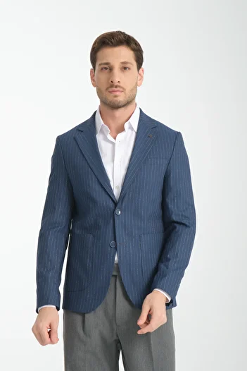 Frappoli Ateca Men's Light Navy Blue Pinstripe Slim Fit Mono Collar Half Lining Sports Blazer Jacket