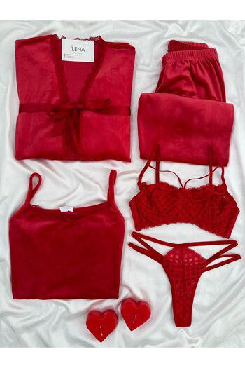 Lena Homewears Women's Pajamas Set with Red Lingerie and Velvet Dressing Gown