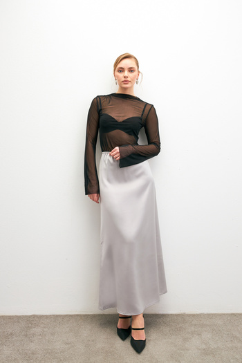 Bipantolon Women's Gray Elastic Waist Flowy Satin Flared Skirt