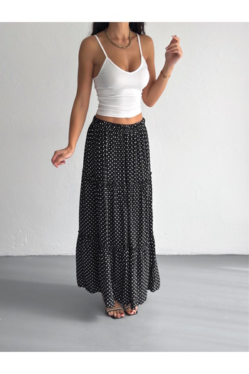 YUSUF CAN KARATAŞ KARATAŞ GİYİM Women's Large Size Polka Dot Elastic Waist Ruffled Woven Fabric Long Skirt Length 100 cm