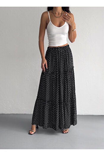 YUSUF CAN KARATAŞ KARATAŞ GİYİM Women's Large Size Polka Dot Elastic Waist Ruffled Woven Fabric Long Skirt Length 100 cm
