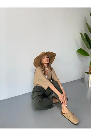 COMBİNE MİCHAİL Khaki Women's Linen Trousers