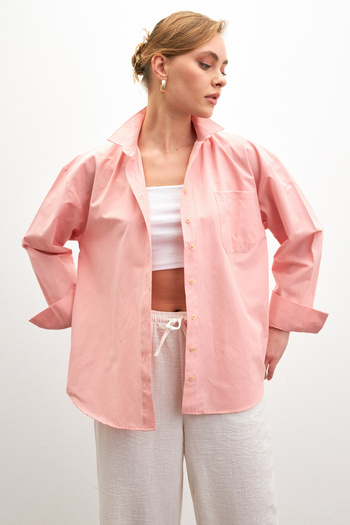 Bipantolon Women's Pink Oversize Basic Pocket Detailed Poplin Long Sleeve Shirt