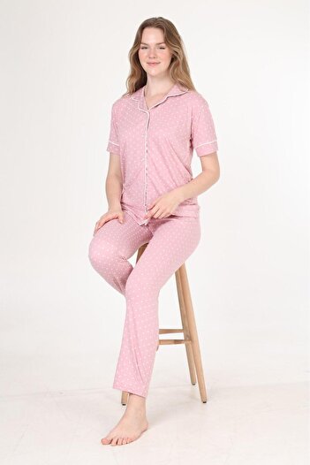 MEBA Kadın Önden Düğmeli Kısa Kol Yazlık Penye Pembe Puantiye Pijama Takımı