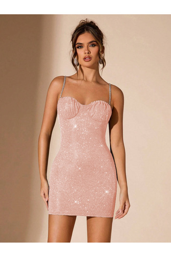my cherie Cupped Powder Pink Sparkling Stone Strap Mini Dress