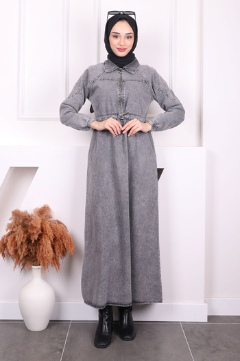 İmajButik Smoked Front Zipper Waist Drawstring Denim Dress