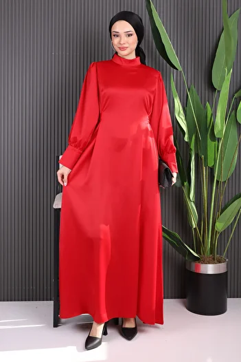 İmajButik Red Cuff Buttoned Waist Belted Satin Dress