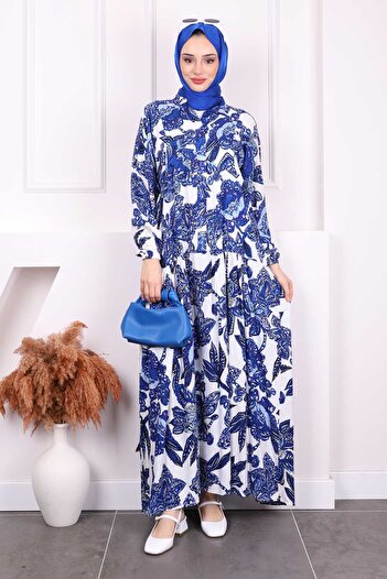 İmajButik Saks Μπλε φούστα με μισό κουμπί με στρώσεις Viscon φόρεμα