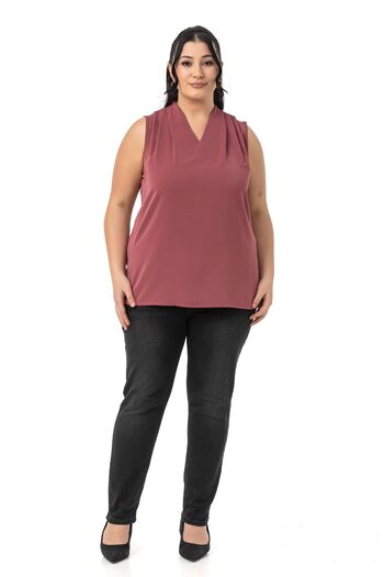 DISENTIS MODEST Plus Size Off Shoulder Pleat Detail V-Neck Sleeveless Dusty Rose Blouse