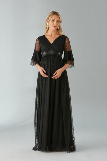 Işşıl IŞIL 4531-Double-breasted Collar Polka Dot Tulle Maternity Evening Dress