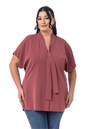 DISENTIS MODEST Large Size Collar Tie-Up Detail Low Half Sleeve Dusty Rose Blouse