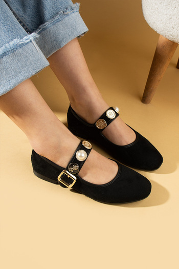 Pembe Potin Women's Ballerinas Black Suede Buckle Banded Lightweight Comfortable Sole Stylish Casual Shoes