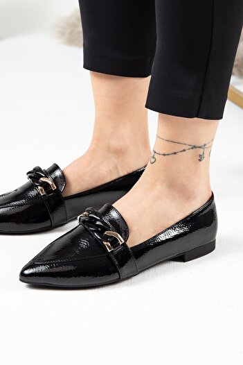 Deery Patent Leather Black Buckle Detailed Women's Ballerinas