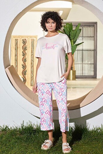 Aydoğan Women's Azer Heart Viscose Combed Cotton Ecru Capri Suit 0291