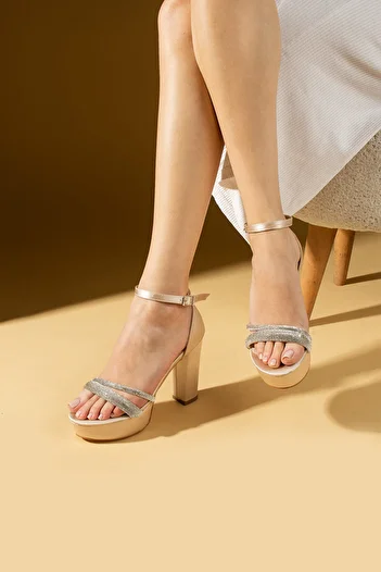 Pembe Potin Women's Nut Satin Ankle Strap Platform High Heel Evening Dress Classic Heel Shoes