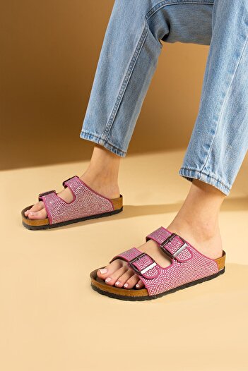 Pembe Potin Orthopedic Sole Fuchsia Stone Double Banded Buckle Daily Slippers