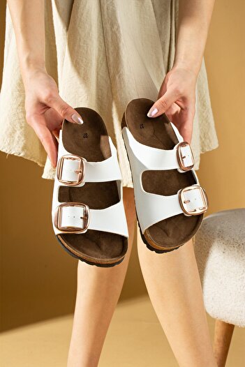 Pembe Potin White White Unisex Orthopedic Sole Slippers Double Banded Buckle Daily Comfortable Slippers