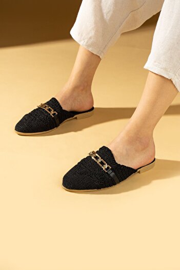 Pembe Potin Women's Black Lace Embroidered Chain House Slippers Wooden Sole Outdoor Slippers
