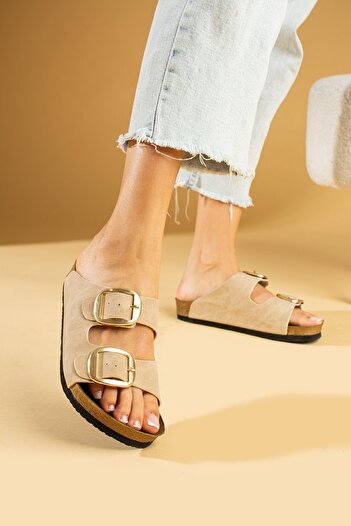 Pembe Potin Orthopedic Beige Slippers - Unisex, Double Banded, Buckle, Daily Comfortable Home & Outdoor Slippers