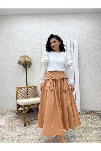 KÜÇÜĞÜM BUTİK Camel Bow Poplin Skirt