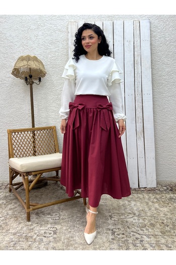 KÜÇÜĞÜM BUTİK Burgundy Bow Poplin Skirt
