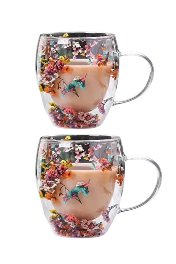 DMR 2 Pieces Glass Double Walled Flowered Mug with Handle 250ml.
