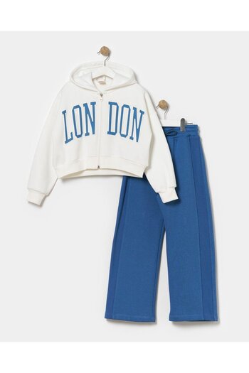 Magu Girl's Winter London Patterned Hooded Cotton Jacket Tracksuit Top and Bottom Set
