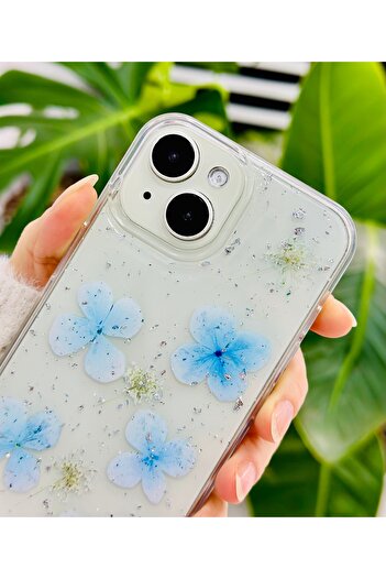 Go Aksesuar Iphone 13 - 14 ve 15 Uyumlu EPOKSİ Mavi Simli Çiçek Oyuncak Tasarımlı Esnek Silikon Kılıfı