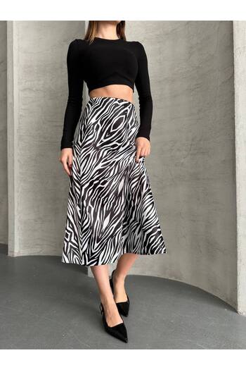 hiraz fashion Women's Zebra Print Midi Length Satin Skirt