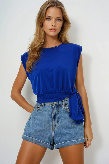 VAGGON Women's Saks Crew Neck Padded Waist Tie Detailed Sandy Blouse Prmx13493