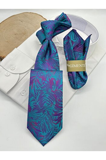 Gutiero Turquoise Paisley Patterned Classic Tie with Handkerchief