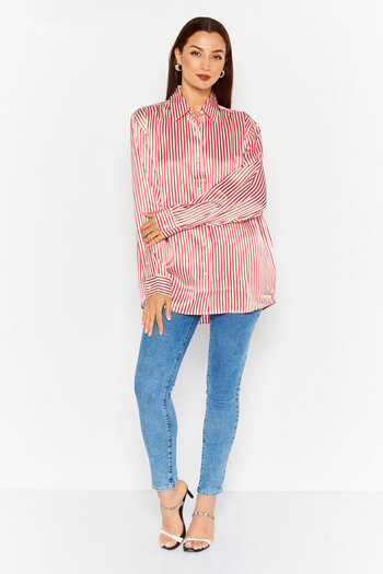 Esprit Women Spread Collar Long Sleeve Stripe Shirt, Red